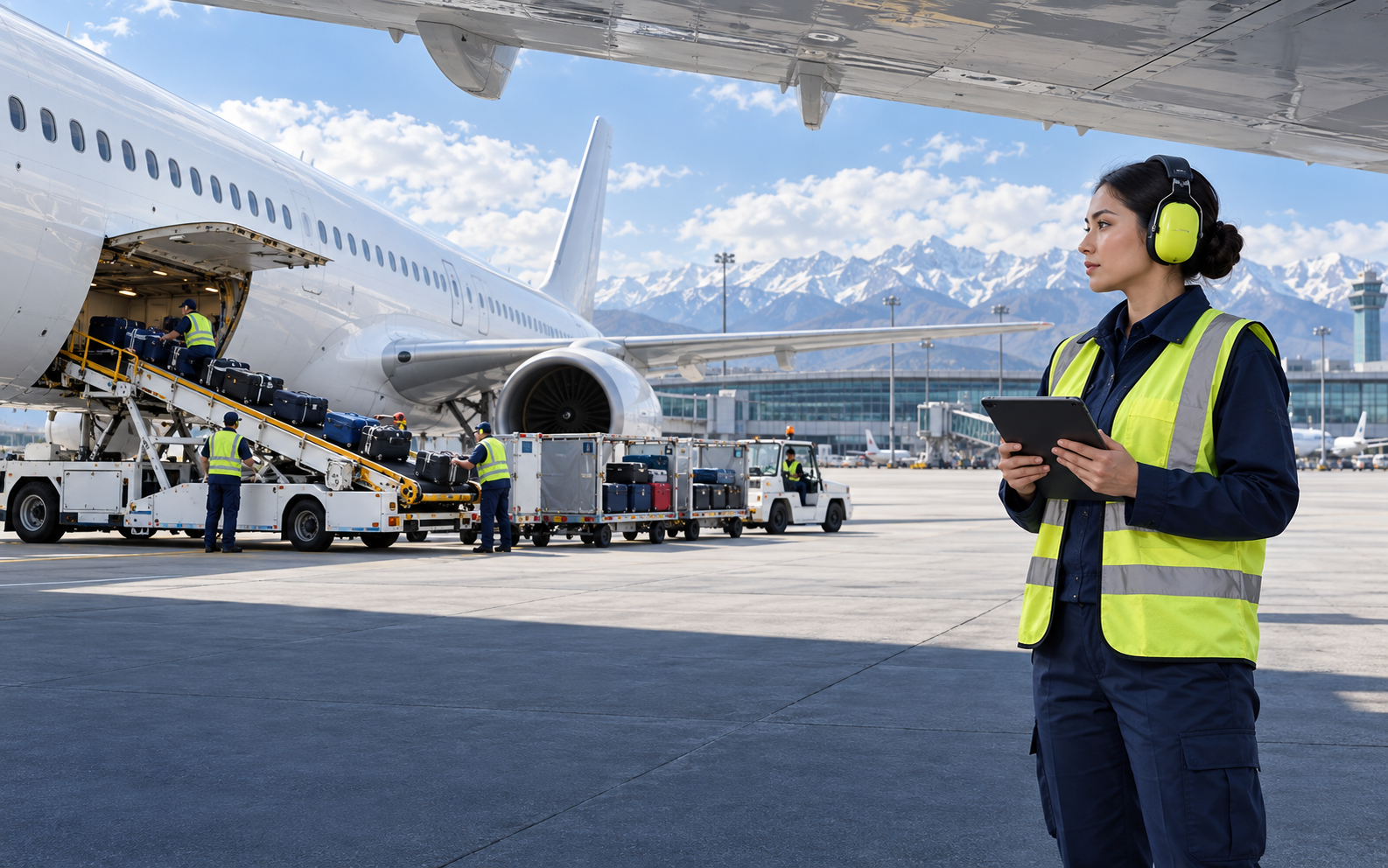 An operations supervisor observing ground handling beside a passenger aircraft.